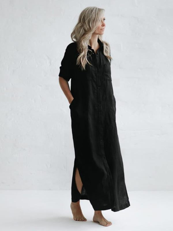 Meselling99 Simple Solid Split-Side Lapel Long Shirt Dress-Maxi Dress-Free Shipping at meselling99