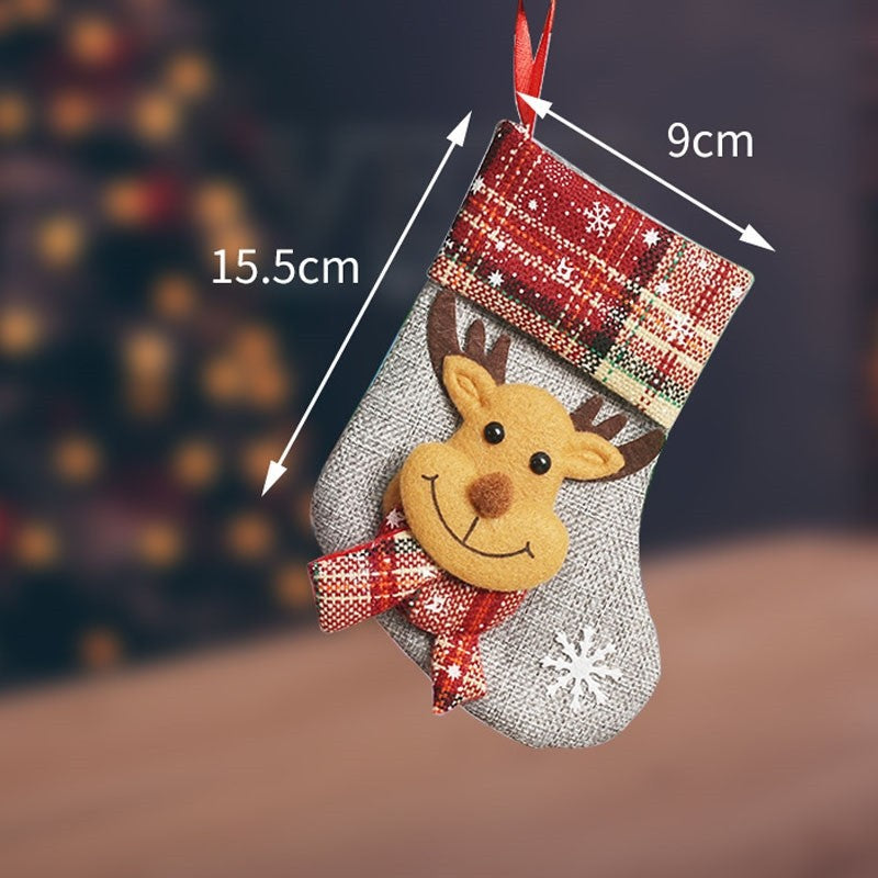 Contrast Color Plaid Cute Cartoon Christmas Socks Gift Bag