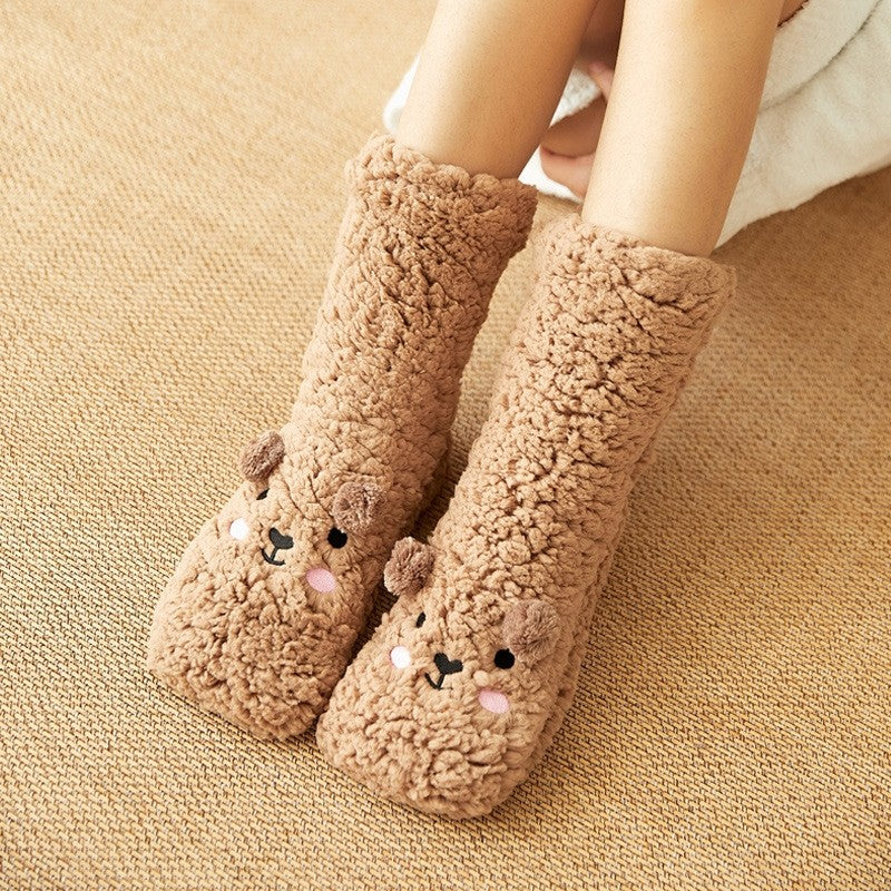 Adults Cute Cartoon Bear Coral Fleece Thick Warm Homewear Socks