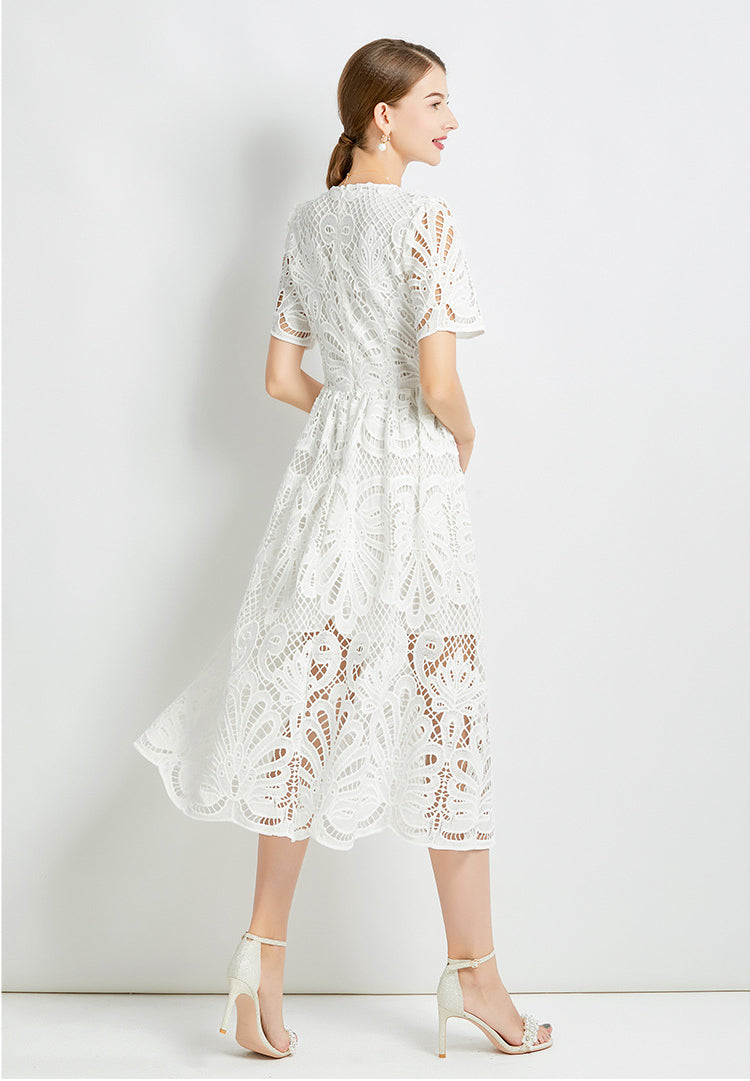 Elegant Slimming Waist with Hollow-Out Lace & Contrast  Dresses