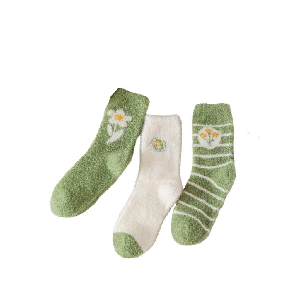 Cute Floral Printed Coral Fleece Thickened Warm Socks