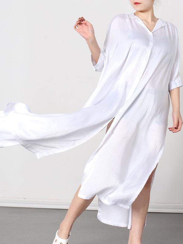 Meselling99 Soft White Lapel Split-Side Long Dress-Maxi Dress-WHITE-FREE SIZE-Free Shipping at meselling99