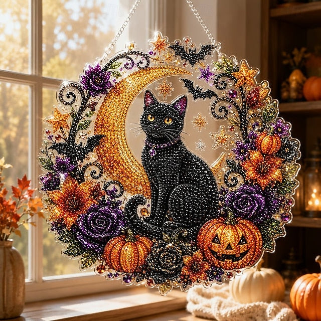 Halloween DIY Black Cat Moon Diamond Art Hanging Ornament Kit