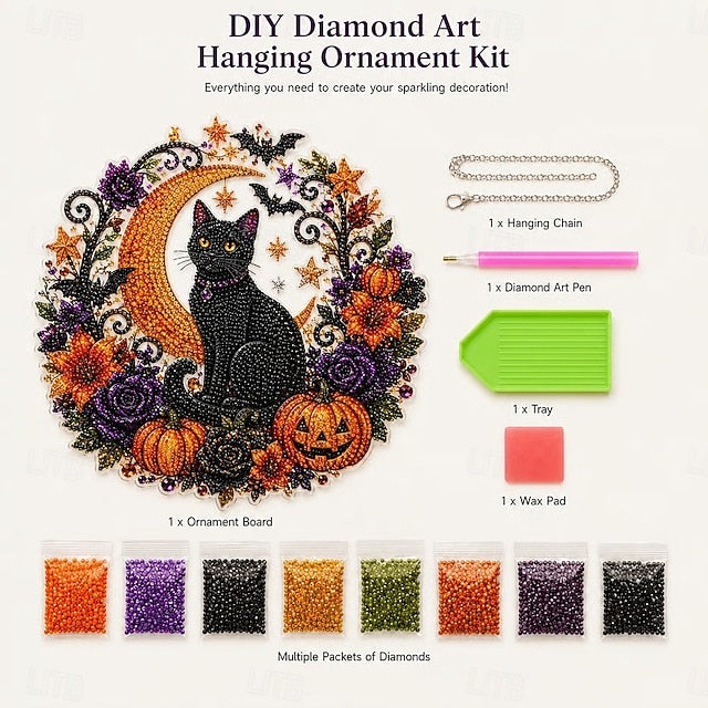 Halloween DIY Black Cat Moon Diamond Art Hanging Ornament Kit
