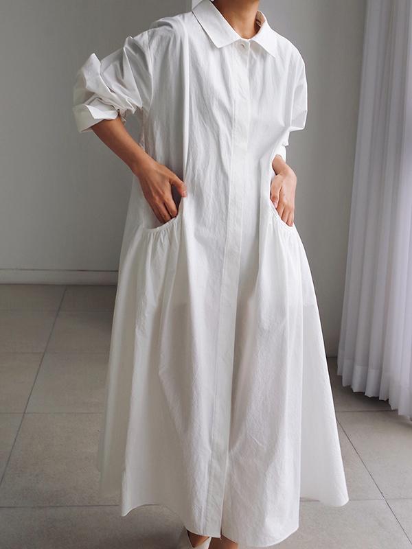 Meselling99 Urban White Lapel Long Shirt Dress-Maxi Dress-Free Shipping at meselling99