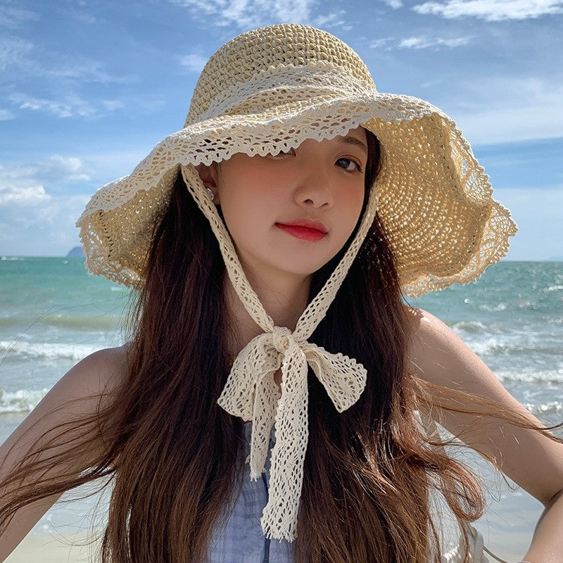 Lace Tie Wide Brim Sun Hat With Straw Braids