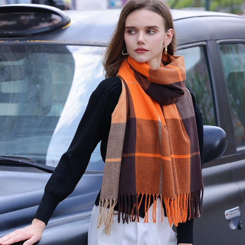 Contrast Color Plaid Tassel Imitation Cashmere Classic Shawl Scarf