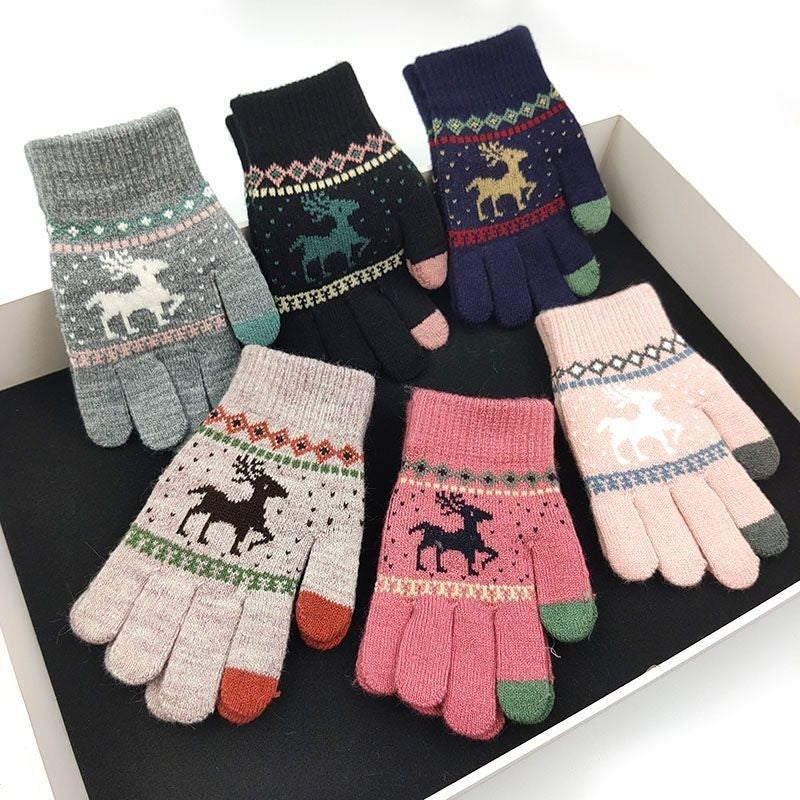 Touchscreen Fawn Jacquard Double Layer Knit Gloves