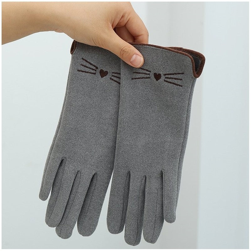Lady's Velvet Embroidered Warm Windproof Touch Screen Gloves