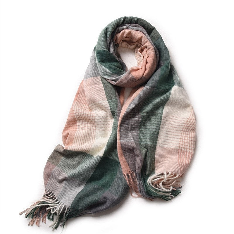 Contrast Color Plaid Tasseled Thickened Warm Shawl Scarf