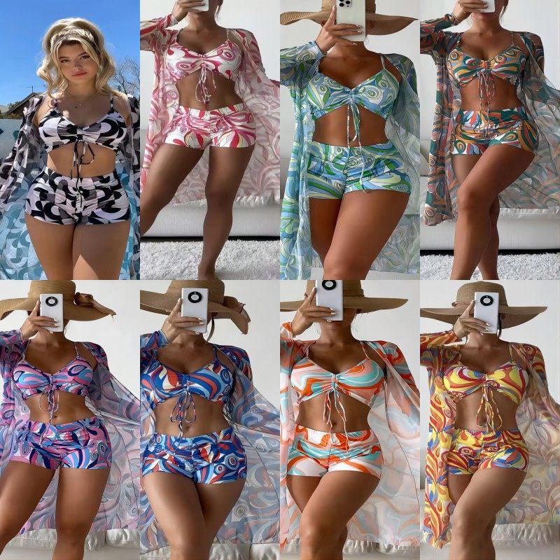 High Waist Long Sleeve Bikini Set With Cover Up And Drawstring Bottoms