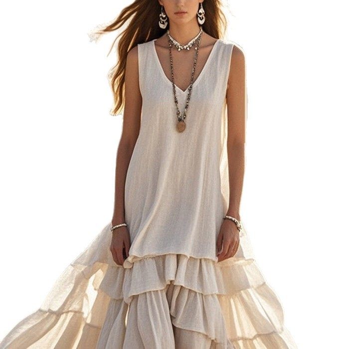 Spring Cotton Linen Sleeveless Maxi Dress