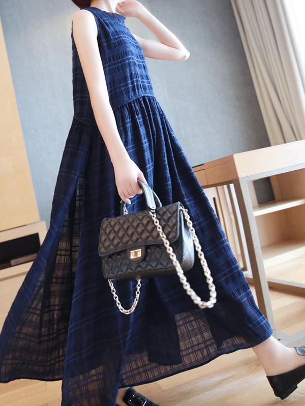 Meselling99 Original Solid Plaid Sleeveless Dress-Maxi Dress-BLUE-FREE SIZE-Free Shipping at meselling99