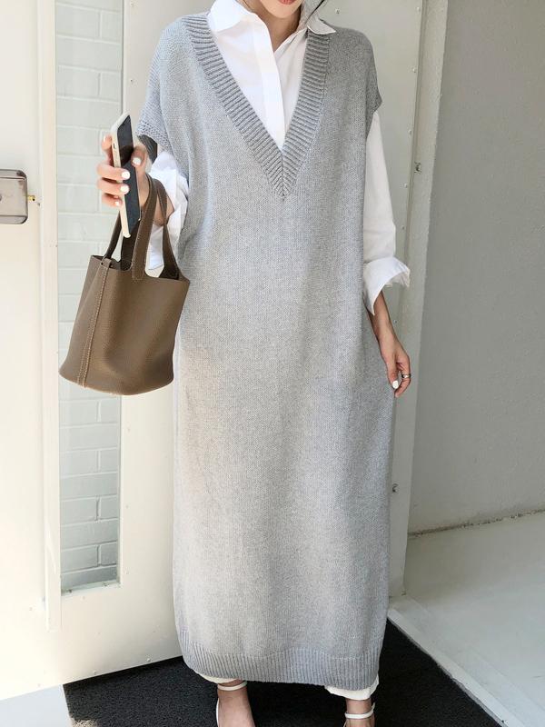 Meselling99 Knitting Loose V-Neck Sleeveless Long Dress-Maxi Dress-GRAY-FREE SIZE-Free Shipping at meselling99
