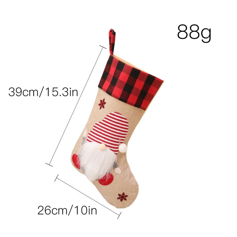 Linen Rudolph Plaid Sock Gift Bag Christmas Decoration