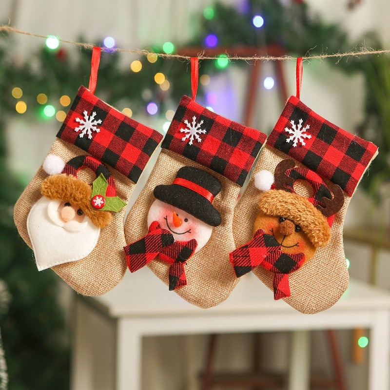 Red Black Plaid Ramie Cotton Patchwork Cute Cartoon Christmas Socks Gift Bag