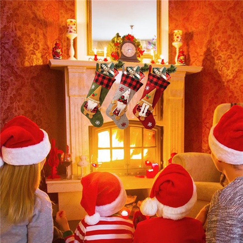 Plaid Ice Cream Rudolph Sock Gift Bag Christmas Decoration