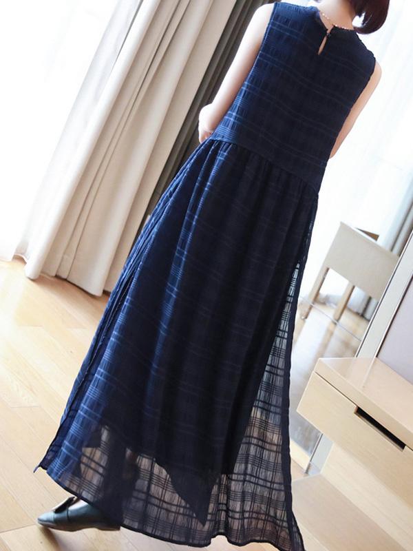 Meselling99 Original Solid Plaid Sleeveless Dress-Maxi Dress-BLUE-FREE SIZE-Free Shipping at meselling99