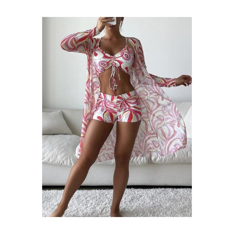 High Waist Long Sleeve Bikini Set With Cover Up And Drawstring Bottoms
