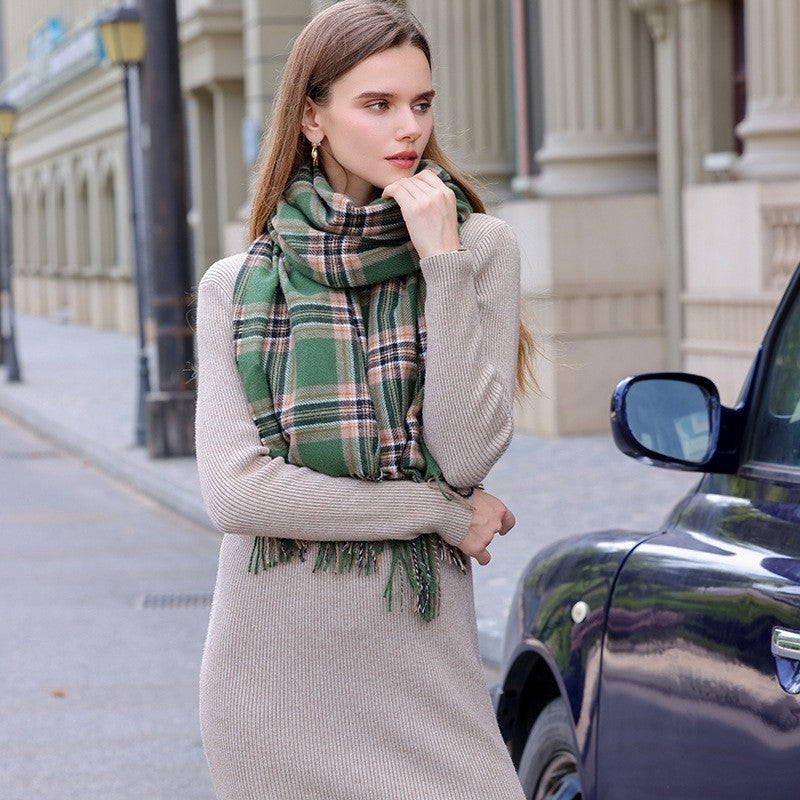 Retro Plaid Contrast Color Tassel  Imitation Cashmere Shawl Scarf
