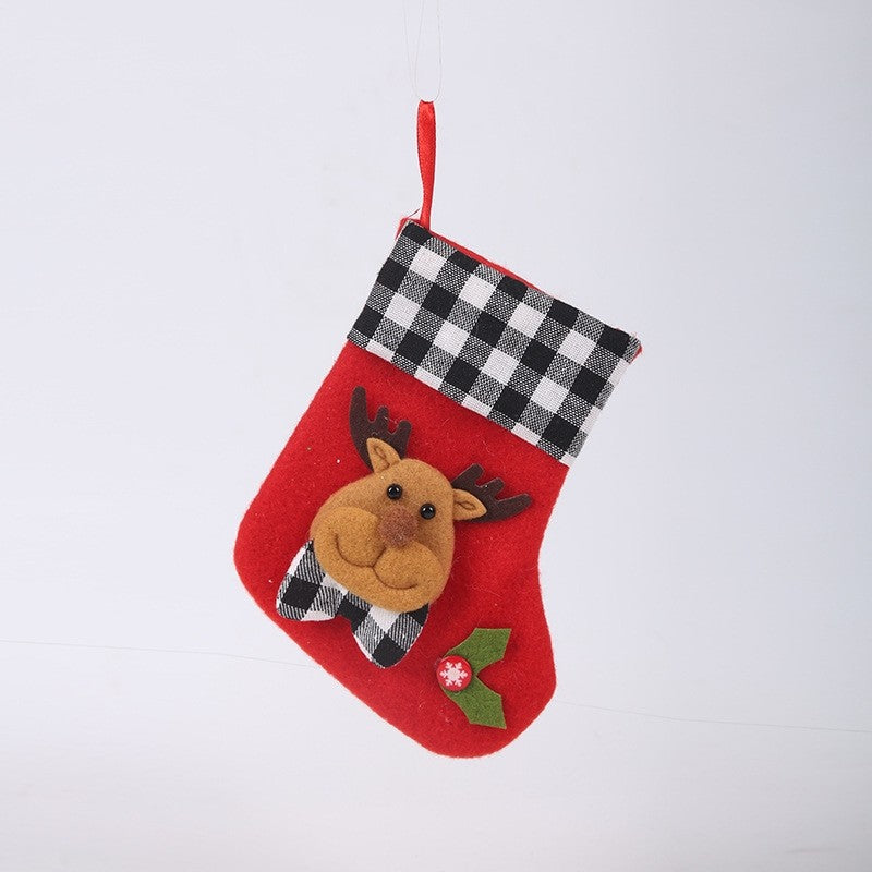 Black White Plaid Cute Cartoon Patchwork Christmas Sock Gift Bag