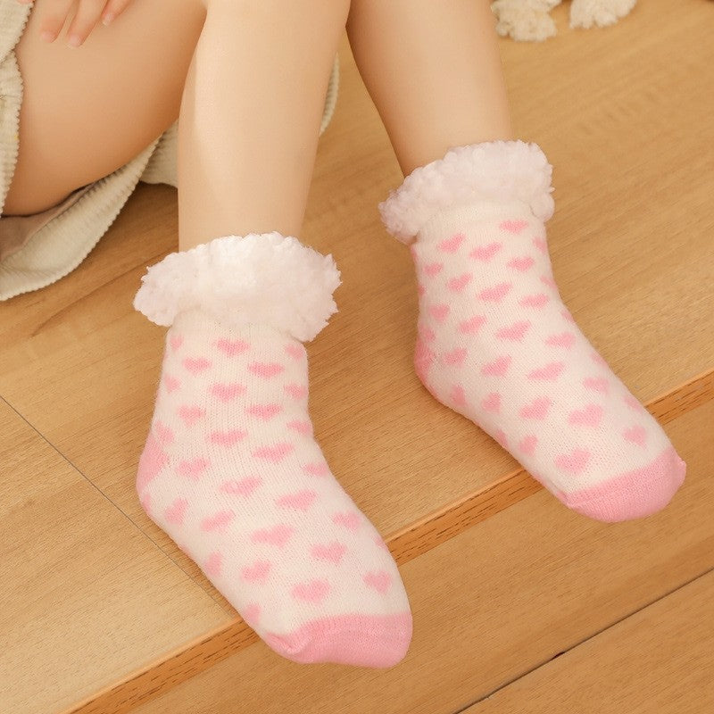 Cute Cartoon Printed Fleece Lininig  Non-Slip Kids Warm Floor Socks
