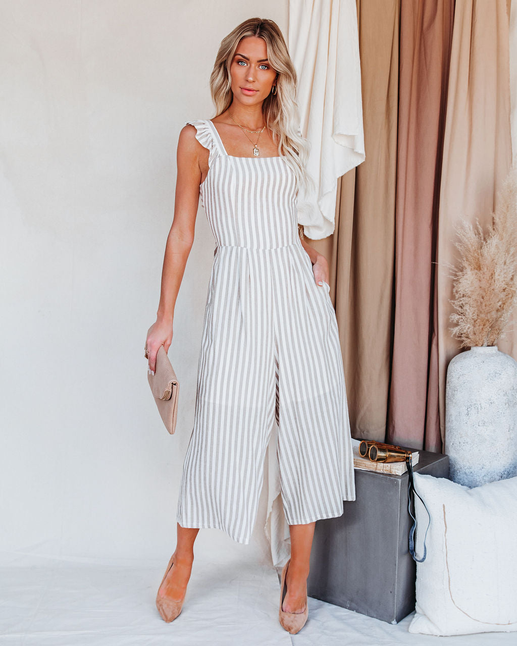 Flip Side Cotton Blend Pocketed Striped Ruffle Jumpsuit - Taupe