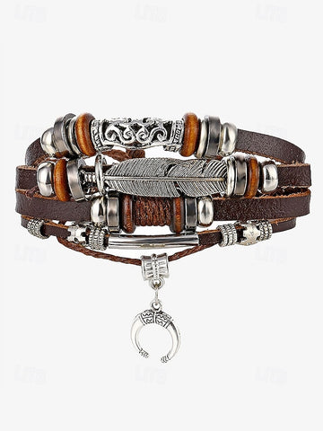 Men's Boho Multi-Layer Leather Bracelet with Feather