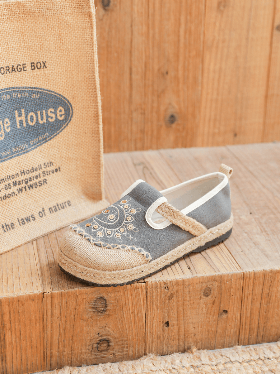 Blooming Moon Embroidered Linen Espadrilles - Grey