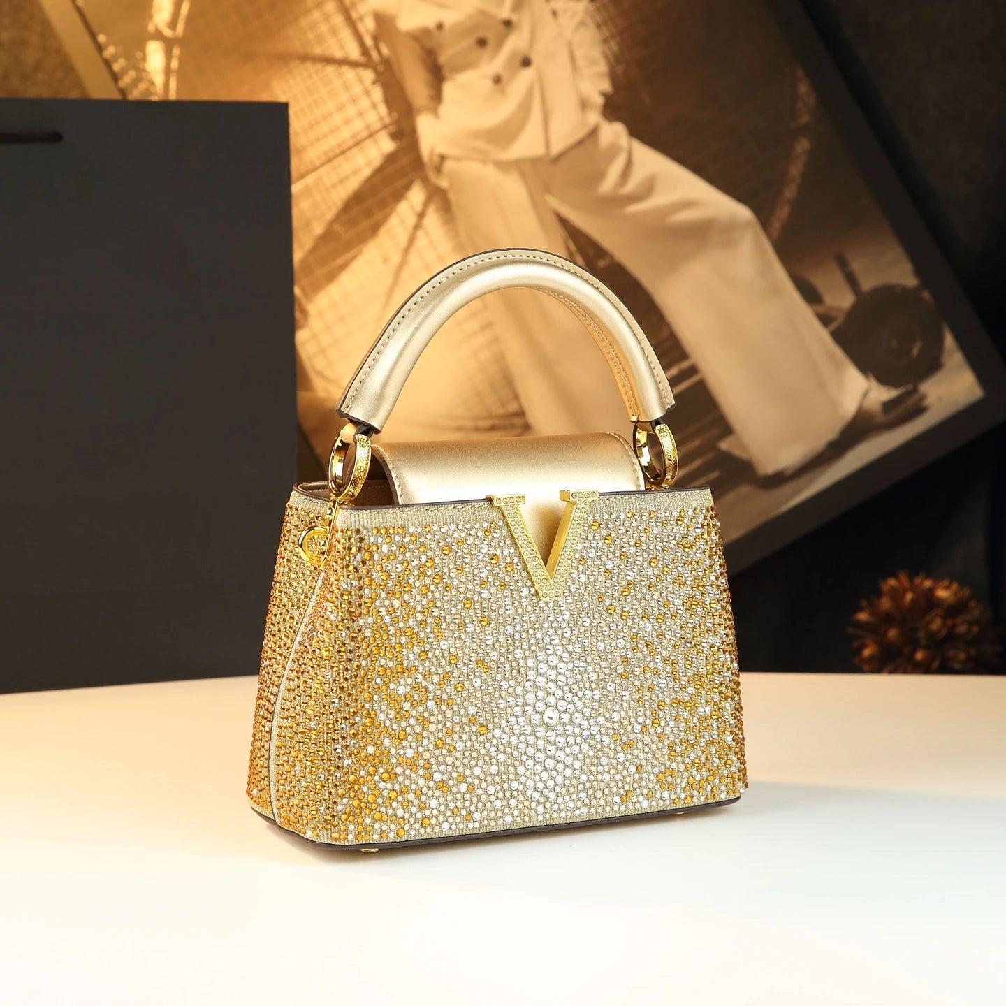 Genuine Leather V Letter Small Crossbody Bag - Diamonds Luxury Messenger Shell Bags