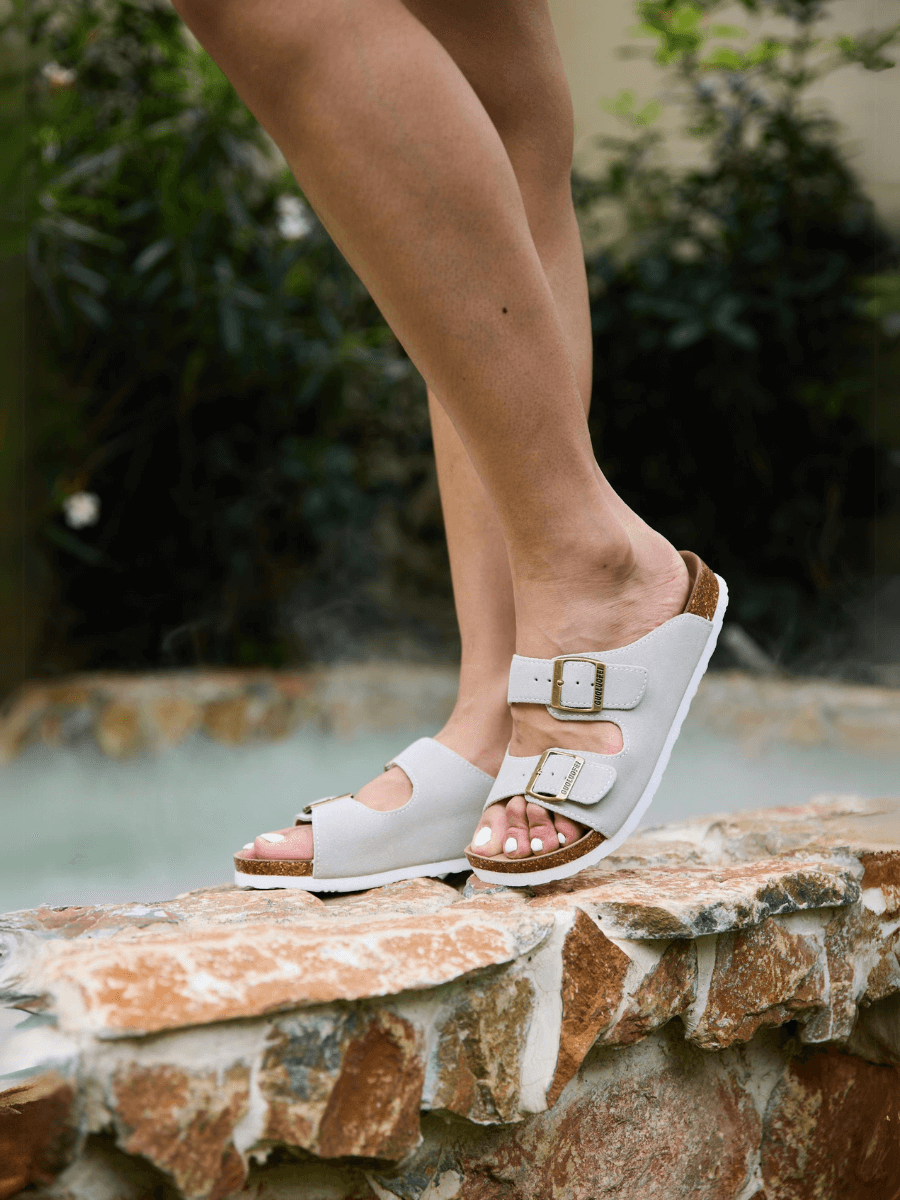 Double Strap Suede Footbed Sandal - Gray