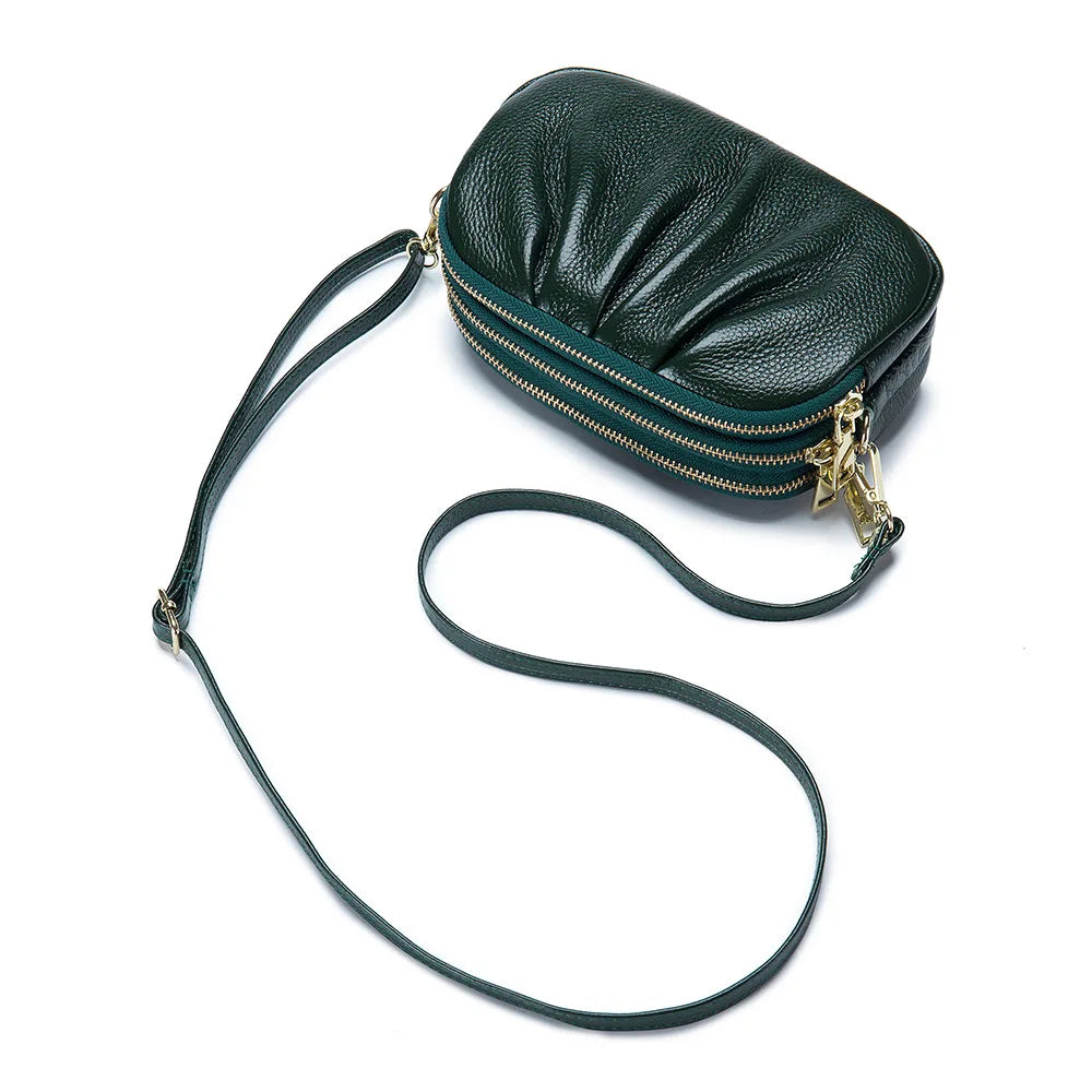 Genuine Leather Triple Zipper Crossbody Messenger Bag