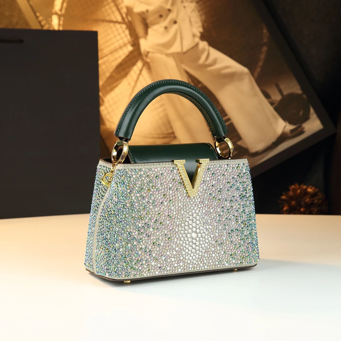 Genuine Leather V Letter Small Crossbody Bag - Diamonds Luxury Messenger Shell Bags