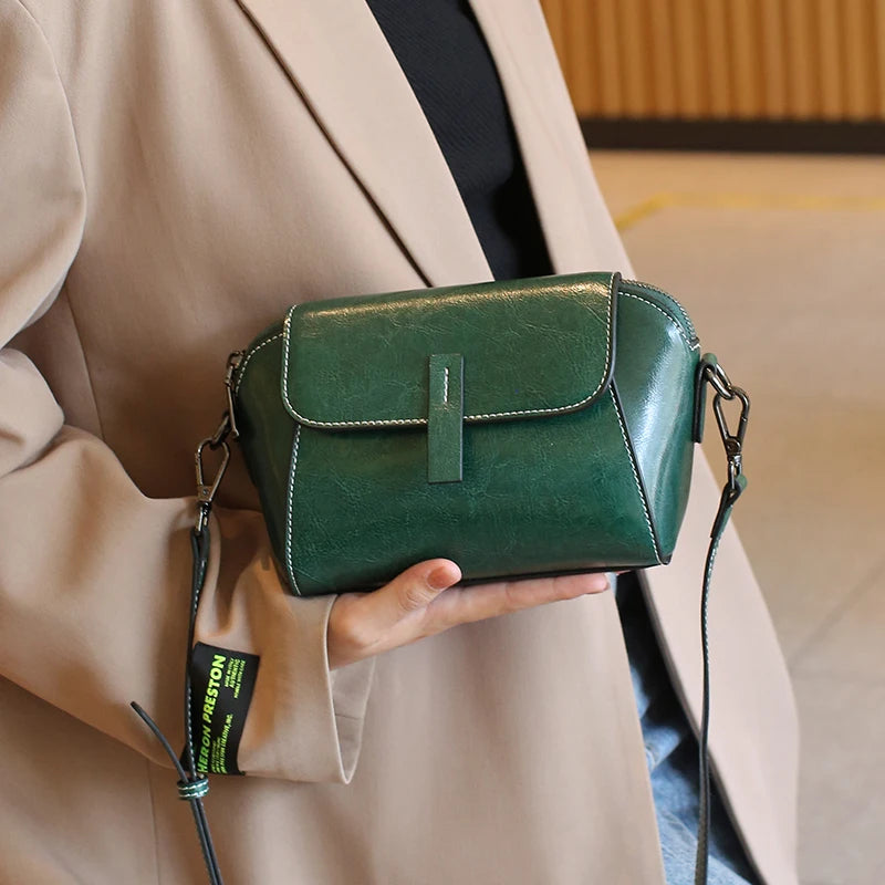 Oil Wax Cowhide Leather Crossbody Bag - Fashionable Versatile Shoulder Shell Handbag