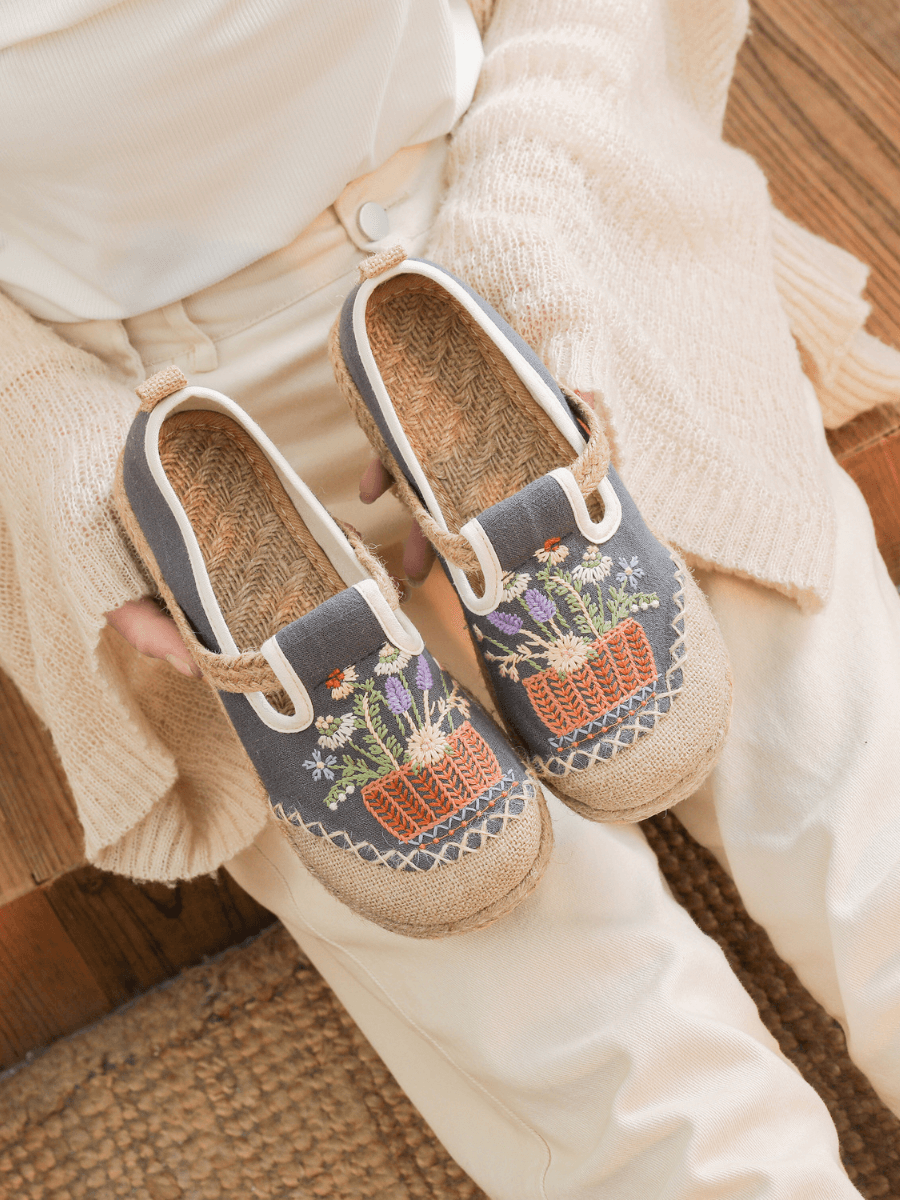 Kahului Embroidered Linen Espadrilles - Grey