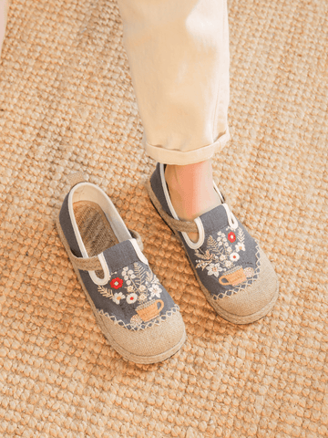 Gemma Floral Embroidered Linen Espadrilles - Grey