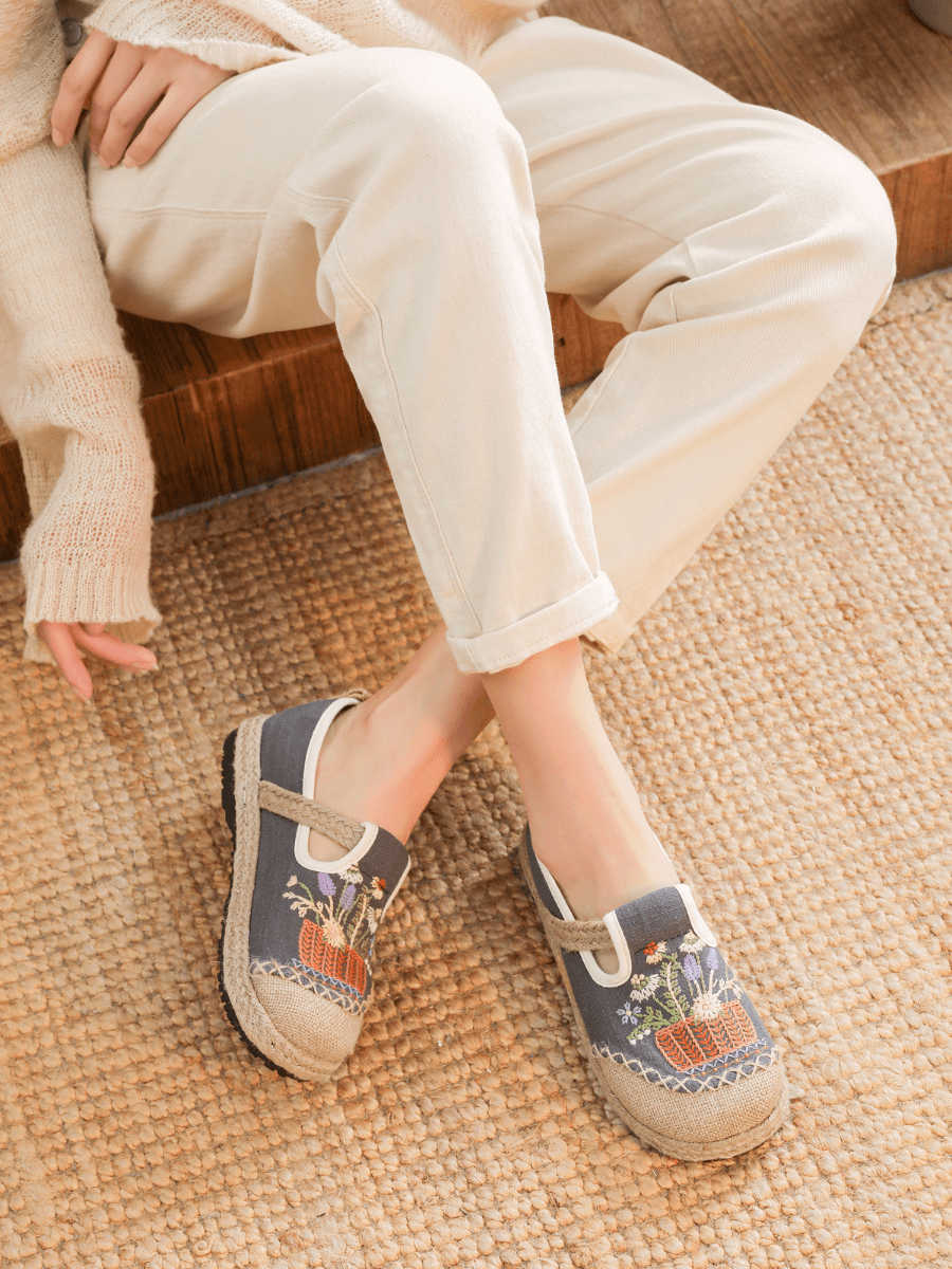 Kahului Embroidered Linen Espadrilles - Grey