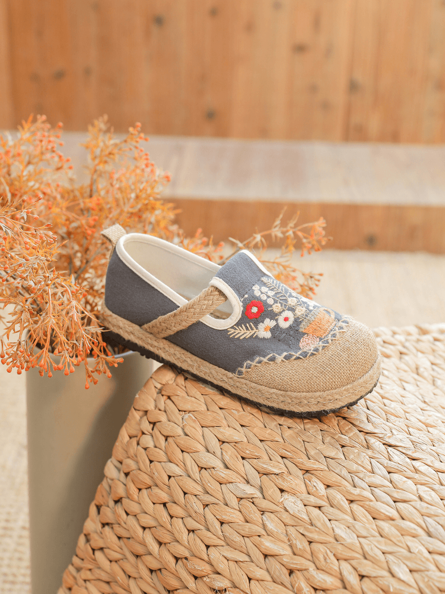 Gemma Floral Embroidered Linen Espadrilles - Grey