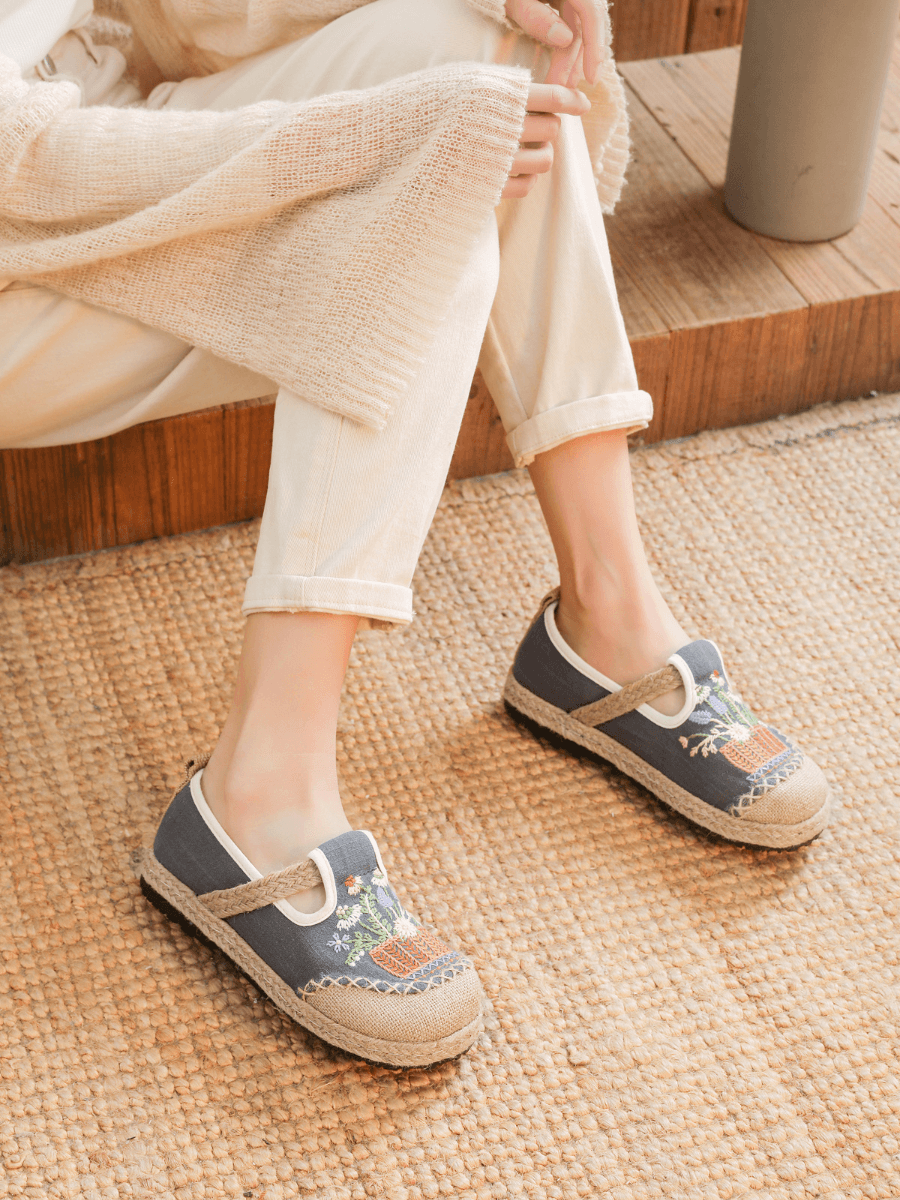 Kahului Embroidered Linen Espadrilles - Grey