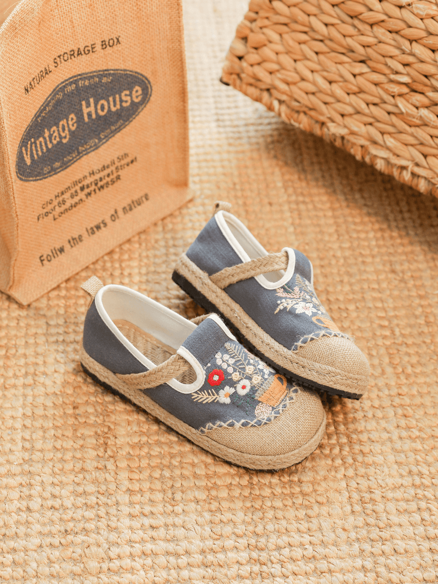 Gemma Floral Embroidered Linen Espadrilles - Grey