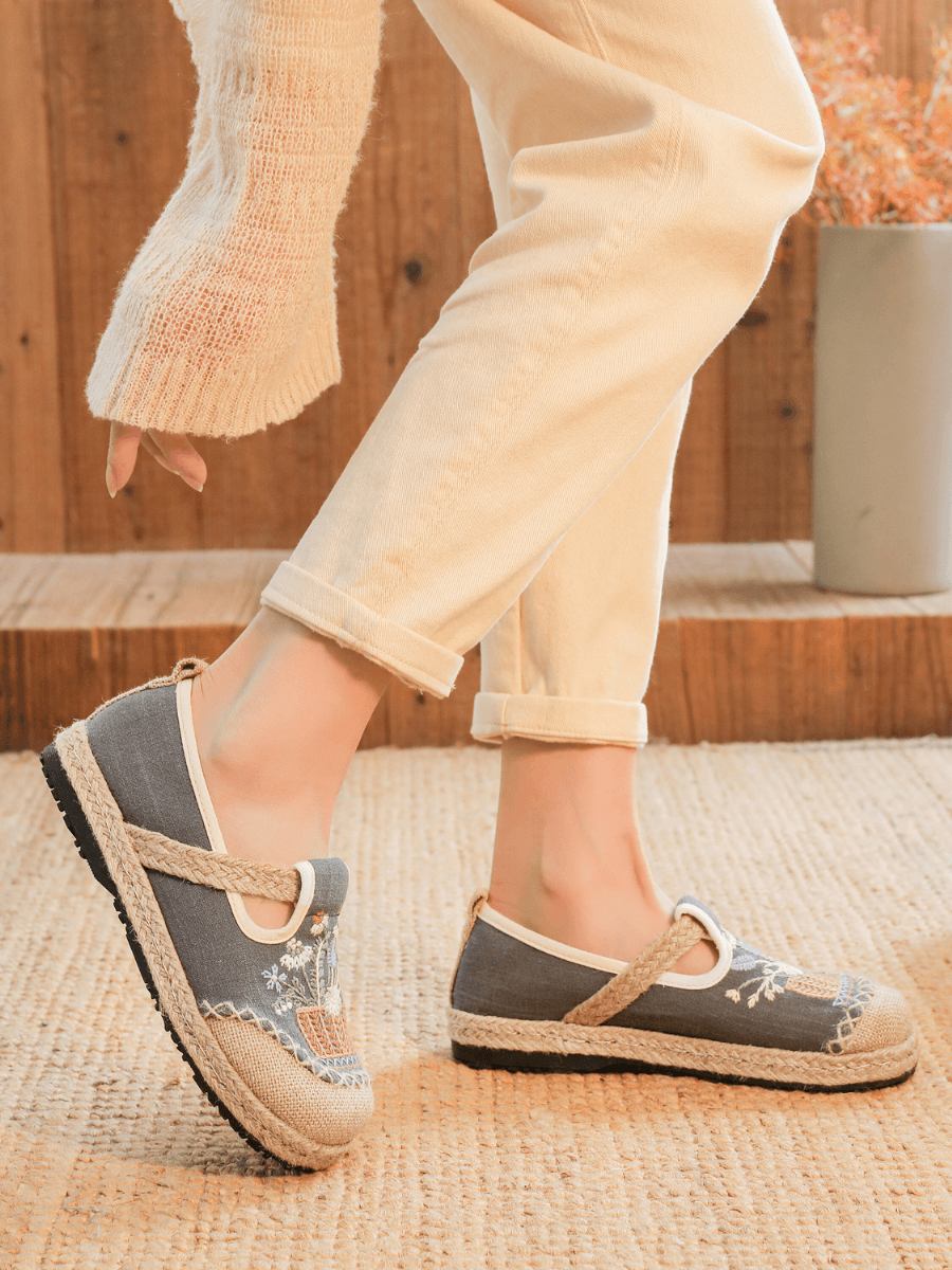 Kahului Embroidered Linen Espadrilles - Grey
