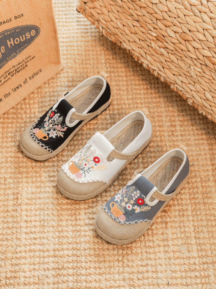 Gemma Floral Embroidered Linen Espadrilles - Grey