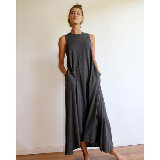 Simple Solid Sleeveless Round-neck Long Dress-Maxi Dress-Free Shipping at meselling99