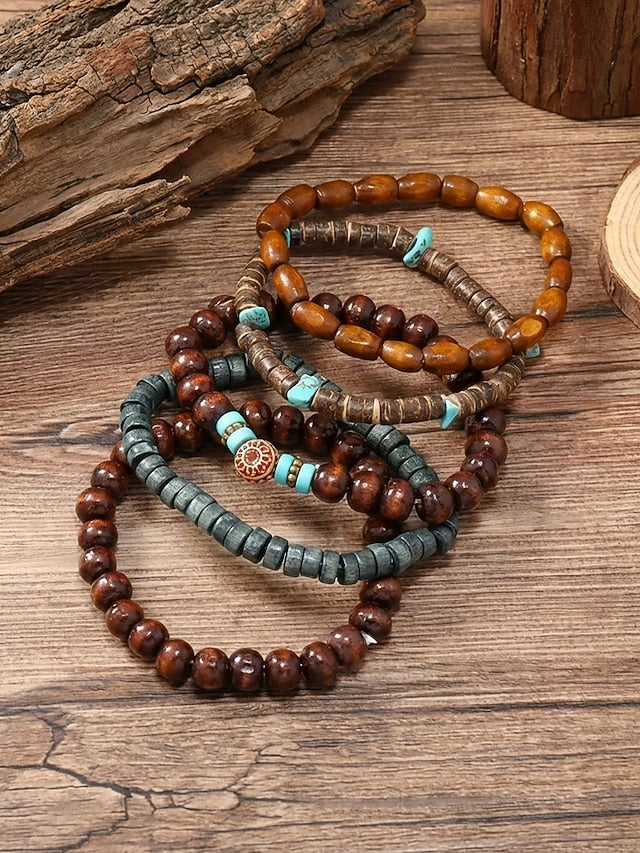 Men's Bohemian Stackable Wood Bead Bracelet Set