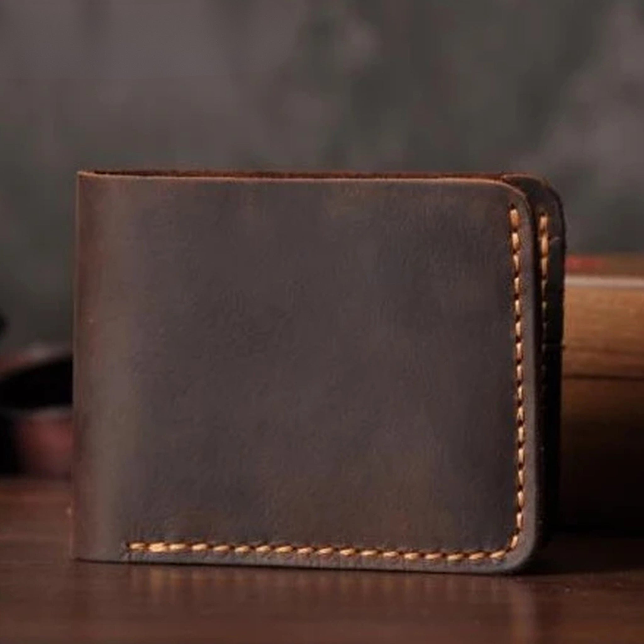 Vintage Crazy Horse Leather Short Wallet - Handmade Money Clip Purse