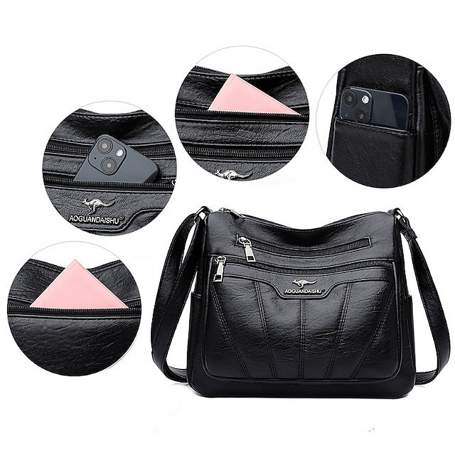 Women's Black Brown Crossbody Bag with Multiple Zippered Pockets