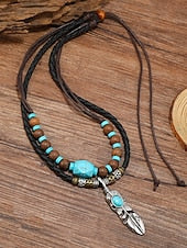 Men's Vintage Feather Pendant Necklace with Turquoise Beads