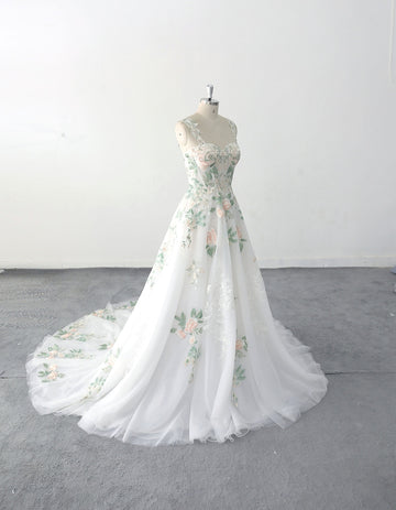 Green Straps Forest Style Lace Wedding Dresses