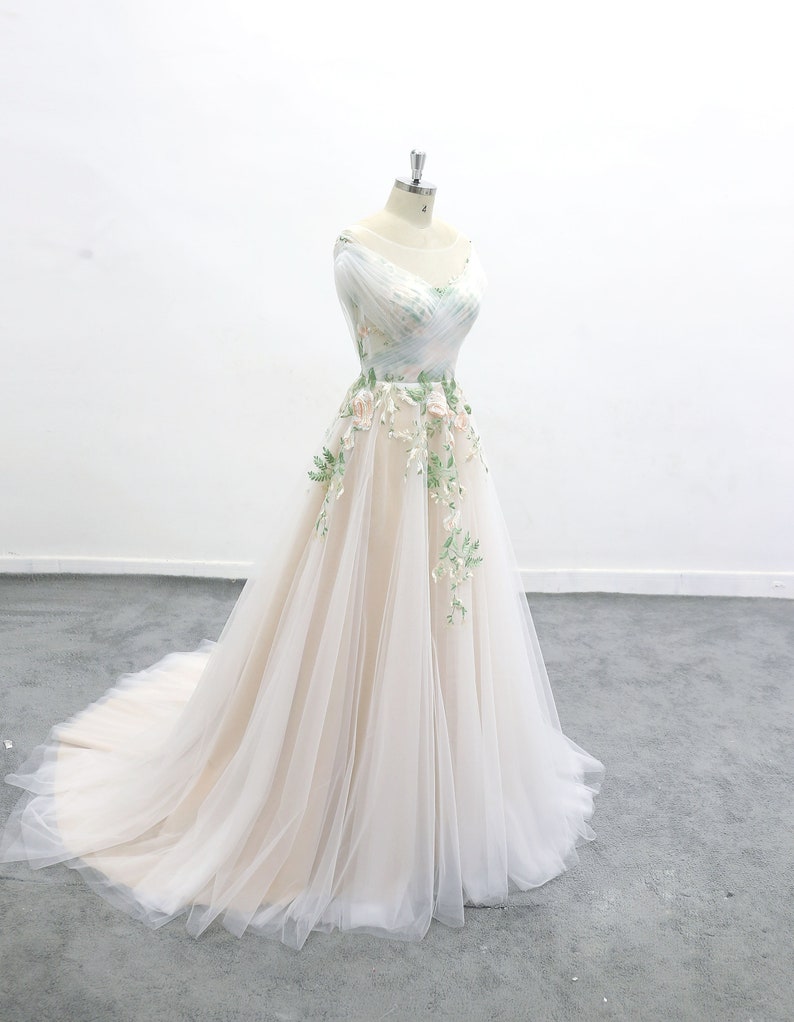 Forest Fairy Green Flower Tulle Wedding Dresses