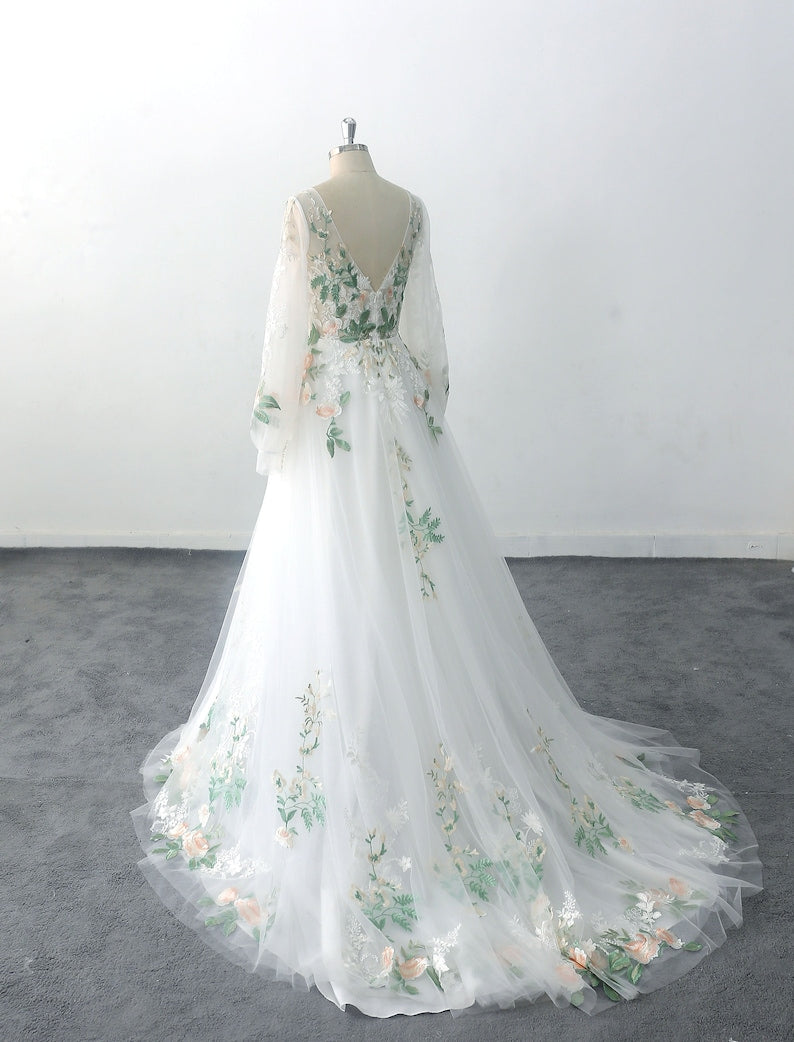 Puff Sleeve Wedding Dress Forest Fairy Green Lace Wedding Dresses